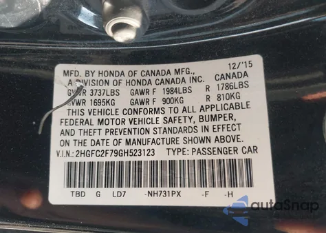2016 Honda Civic Ex from USA, damaged, VIN 2HGFC2F79GH523123